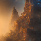 Mystical cliffside city glowing with blue lights in warm sunset haze