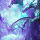 Luminescent dragons in mystical purple and blue flora landscape