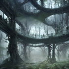 Enchanting forest with fog-covered natural bridges and ethereal light.