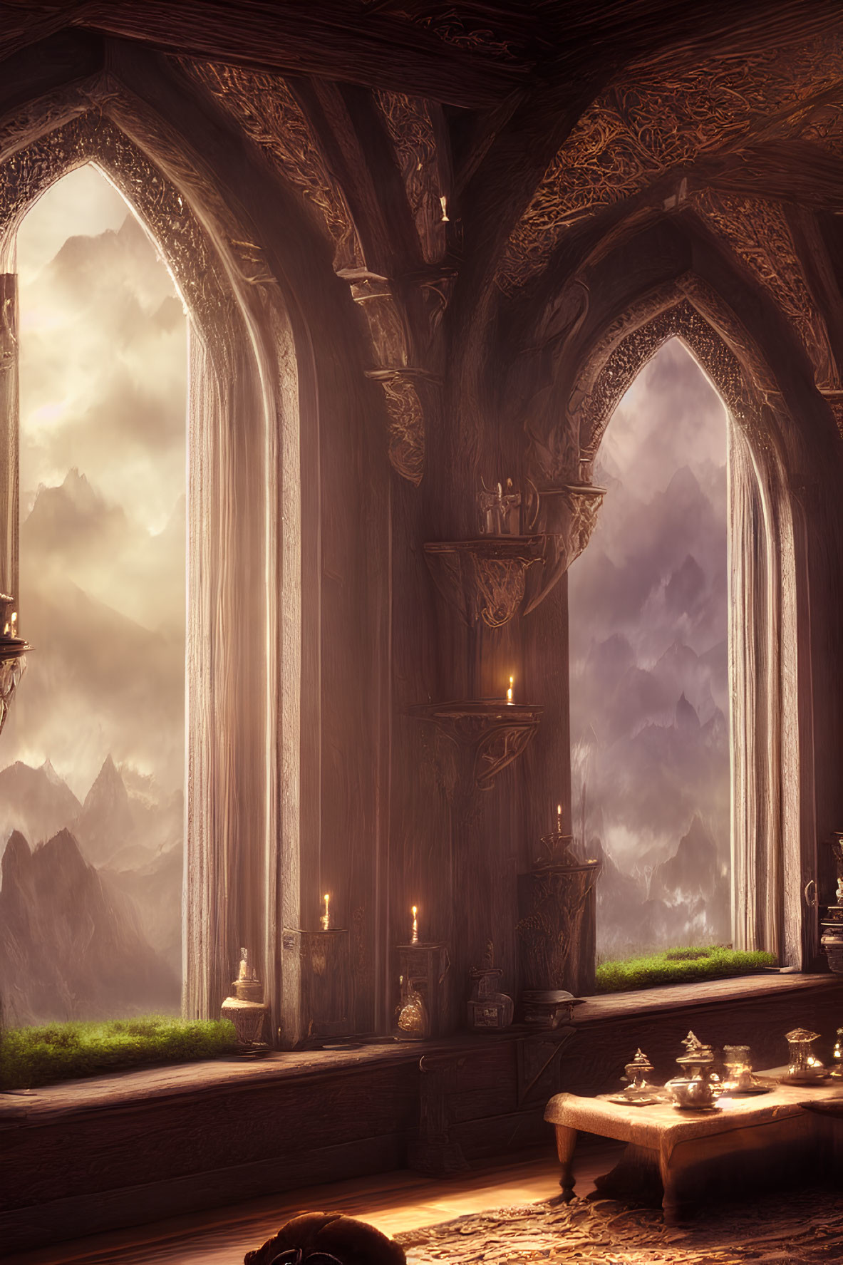 Fantasy Hall with Arched Windows and Mountain View