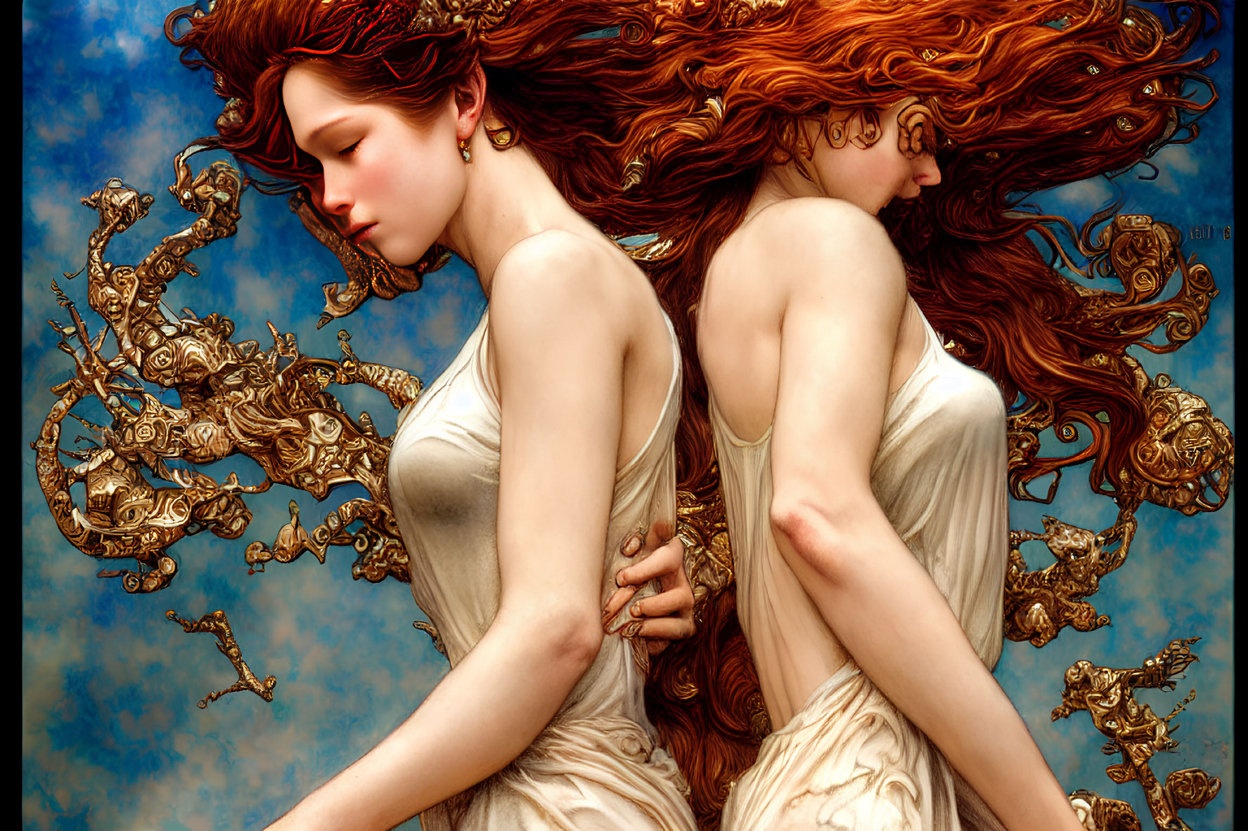 Ethereal digital artwork: two women with red hair and golden designs on blue background