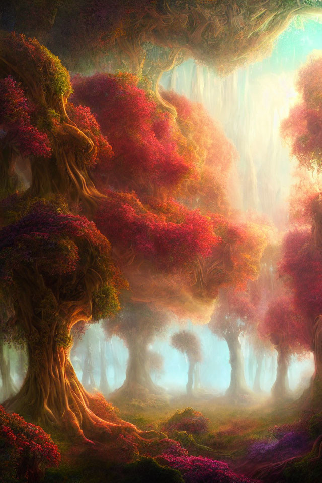 Vibrant forest with towering trees and pink foliage in misty atmosphere