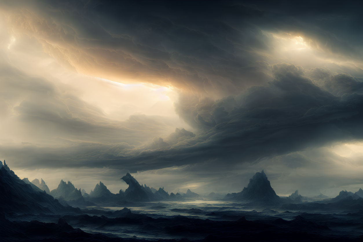 Stormy Seascape with Sunlight Breaking Through Clouds