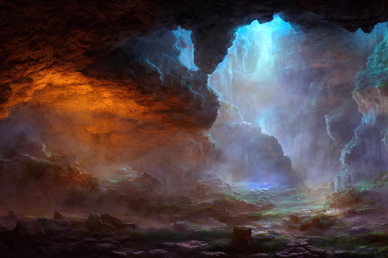 Ethereal cave with glowing blue entrance and sunlight casting shadows