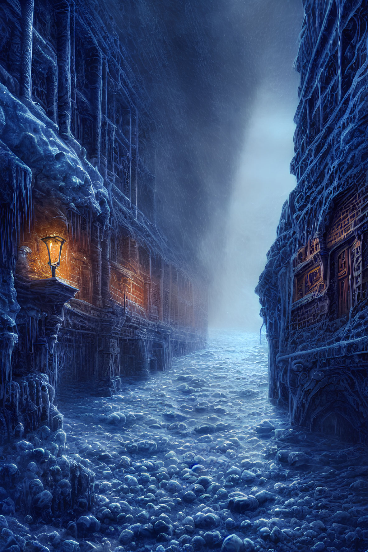 Twilight cobblestone alleyway with lantern light and ice-covered buildings