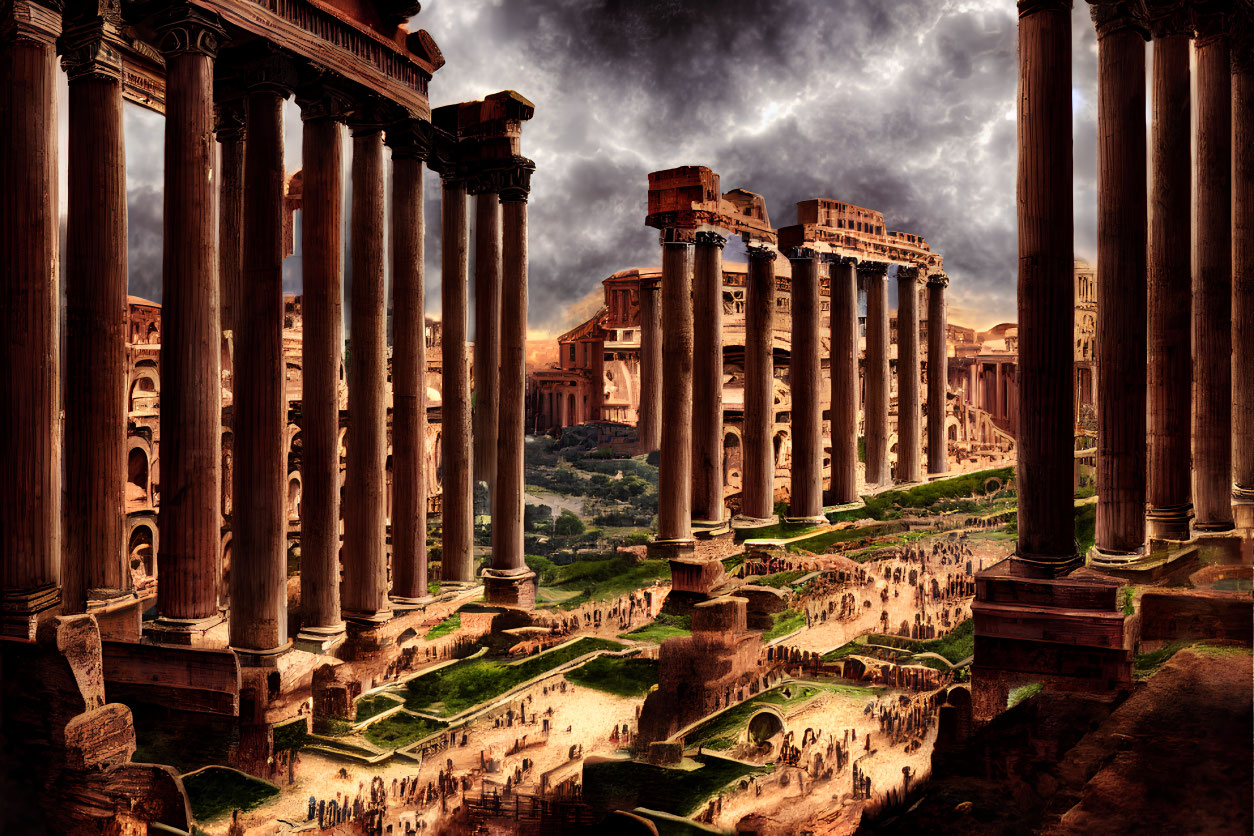 Ancient ruins with towering columns under dramatic sky and bustling crowd.