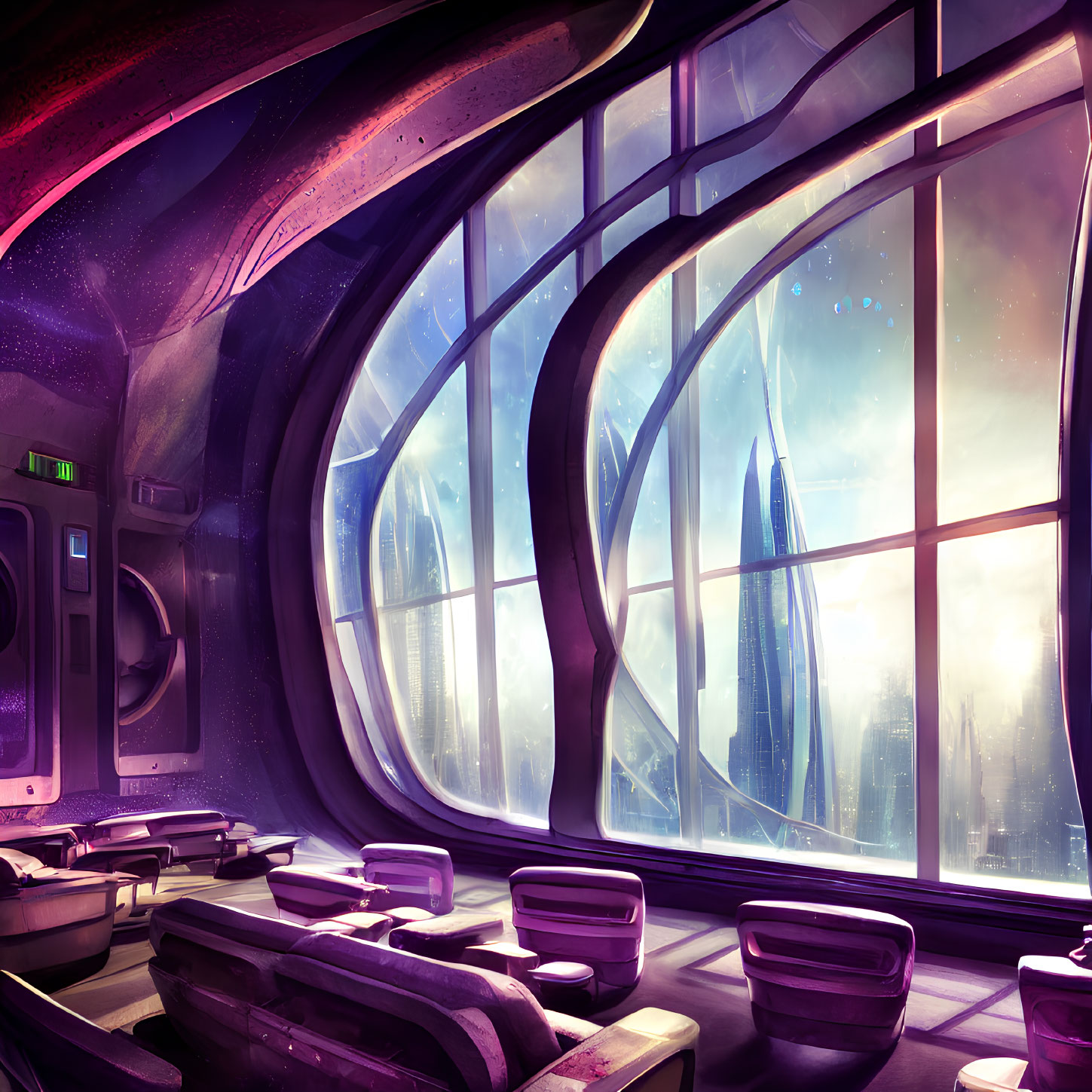 Futuristic interior with large windows overlooking cityscape and skyscrapers in pink and purple hues under