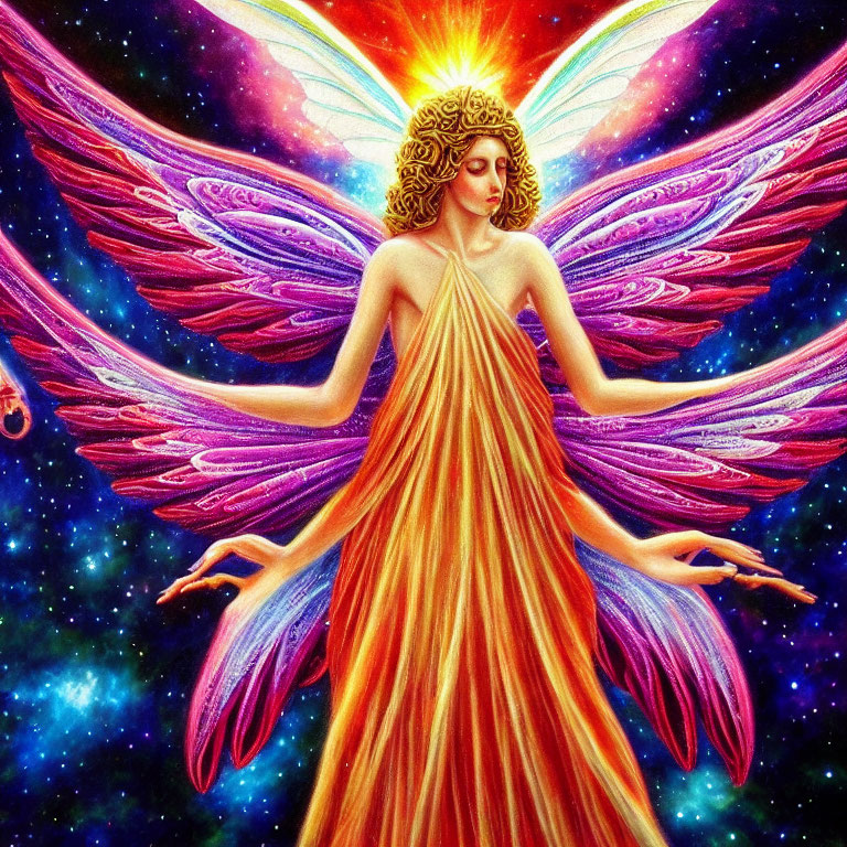 Colorful illustration of ethereal being in orange robes with iridescent wings on starry backdrop