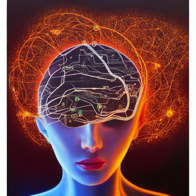 Mannequin head with brain map overlay and glowing circuit patterns