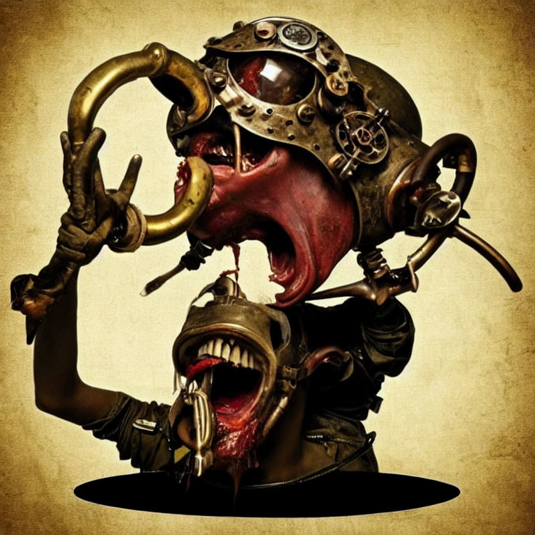 Grotesque figures in steampunk helmets against sepia background
