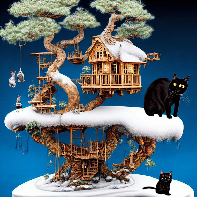 Large Bonsai Tree and Snowy Treehouse with Playful Cats on Blue Background
