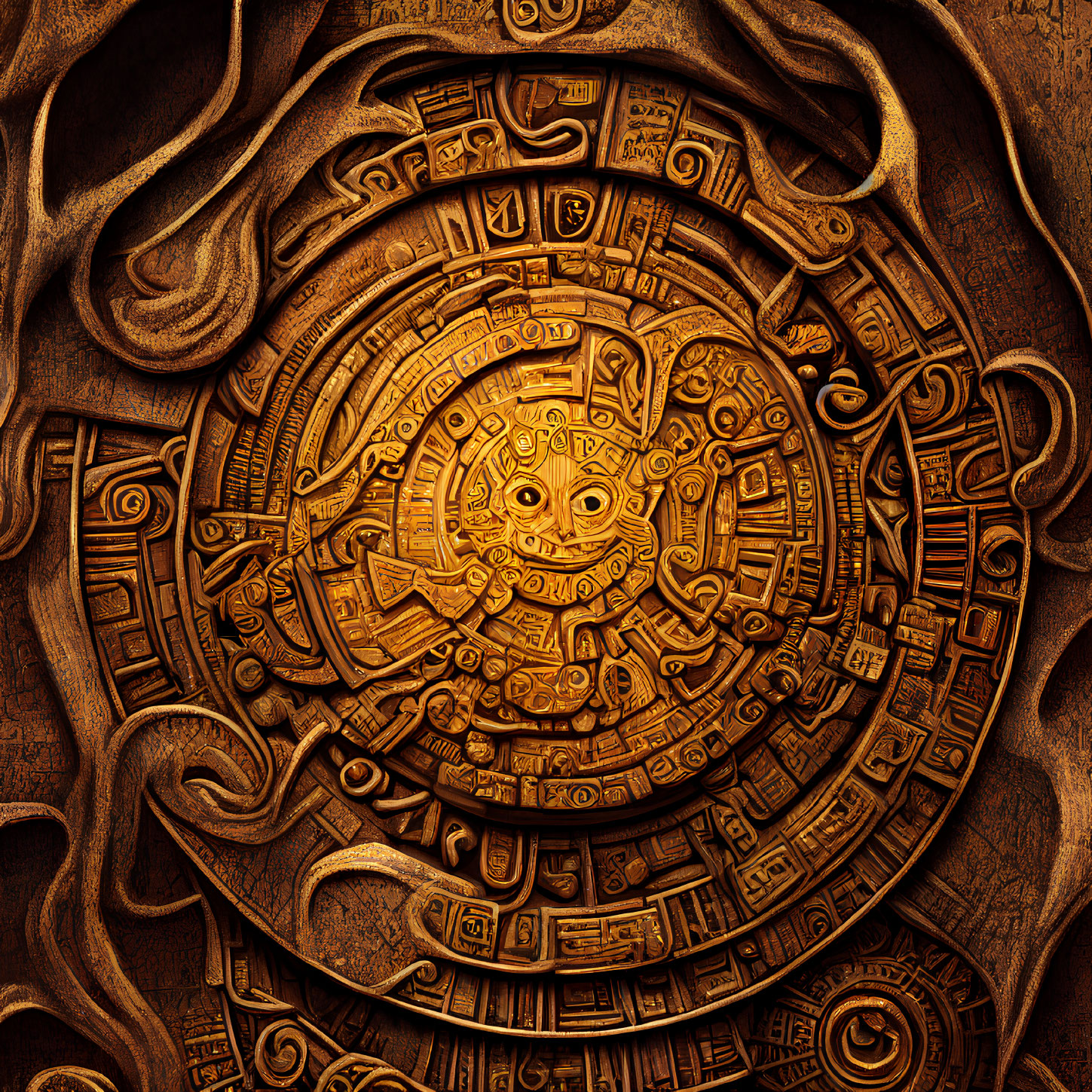 Circular stone calendar with Aztec or Mayan-style carvings and symbols in warm tones