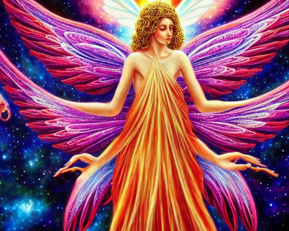 Colorful illustration of ethereal being in orange robes with iridescent wings on starry backdrop
