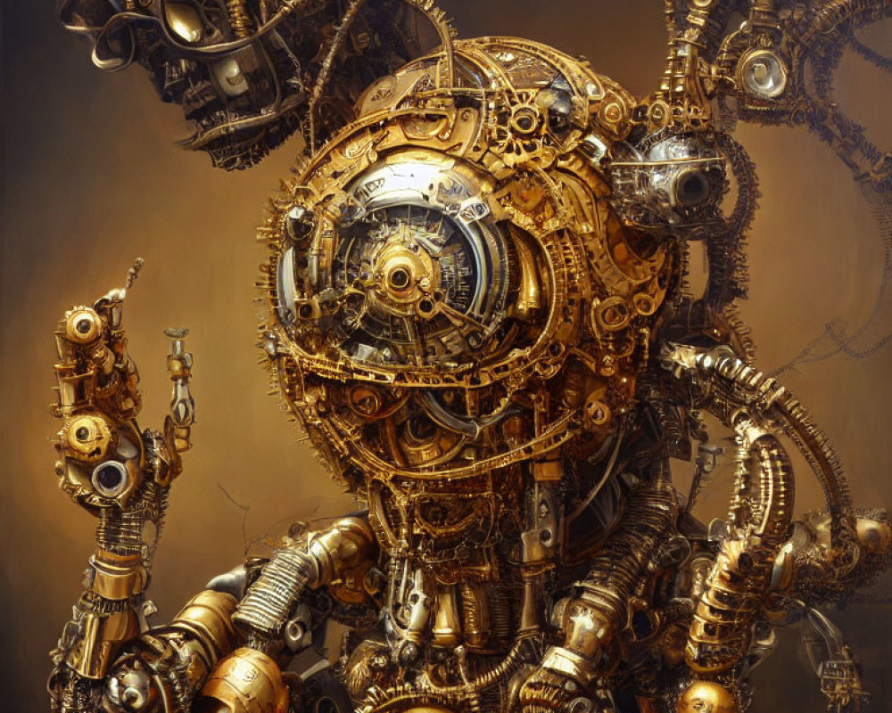 Detailed Steampunk-Style Robot with Golden Hue