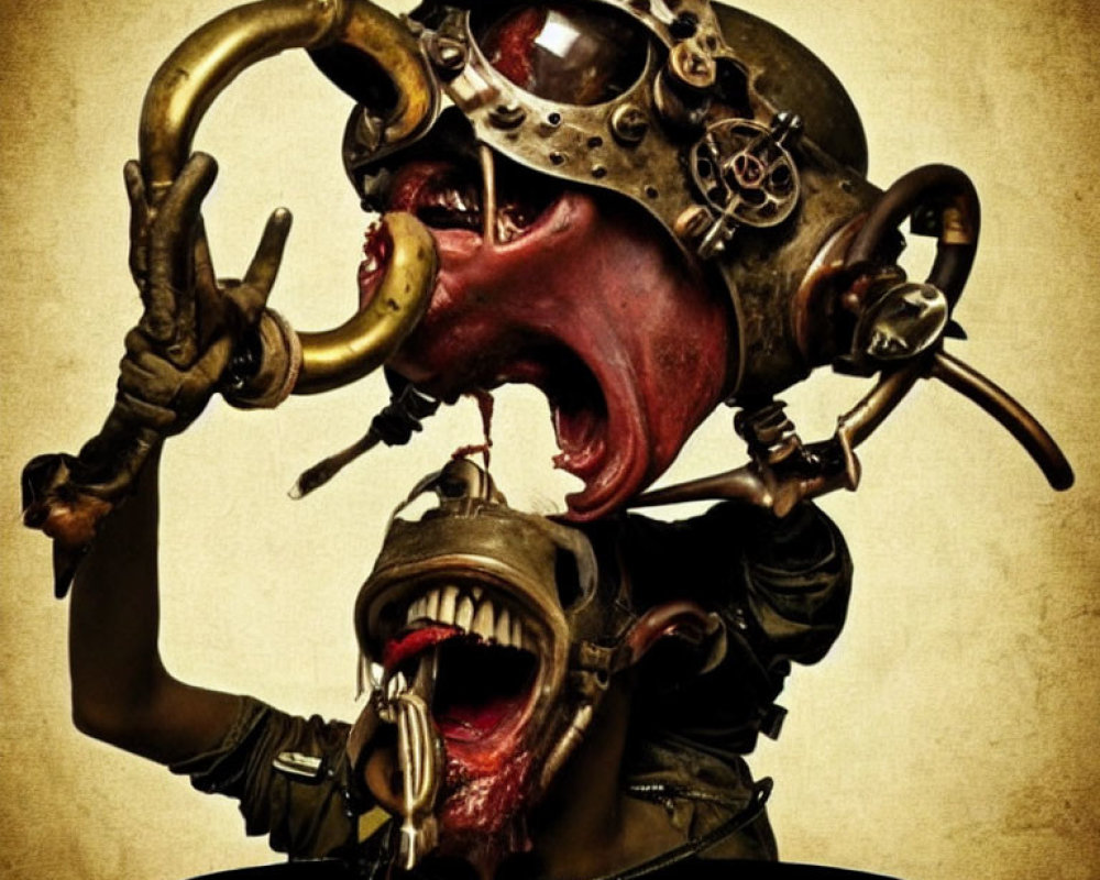 Grotesque figures in steampunk helmets against sepia background
