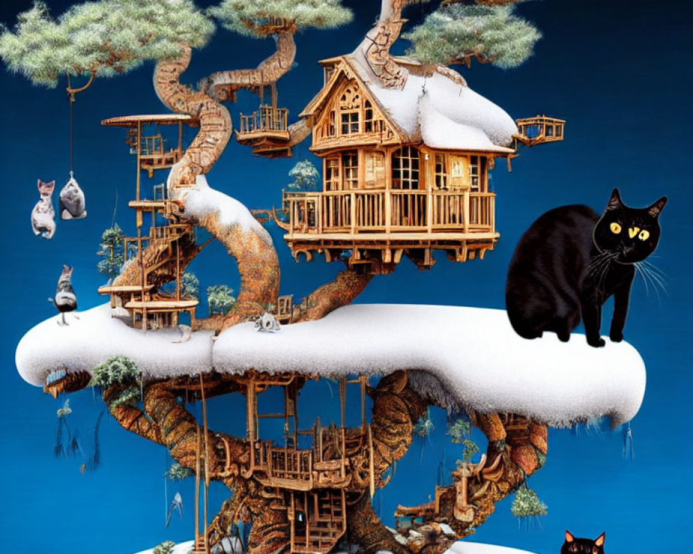 Large Bonsai Tree and Snowy Treehouse with Playful Cats on Blue Background