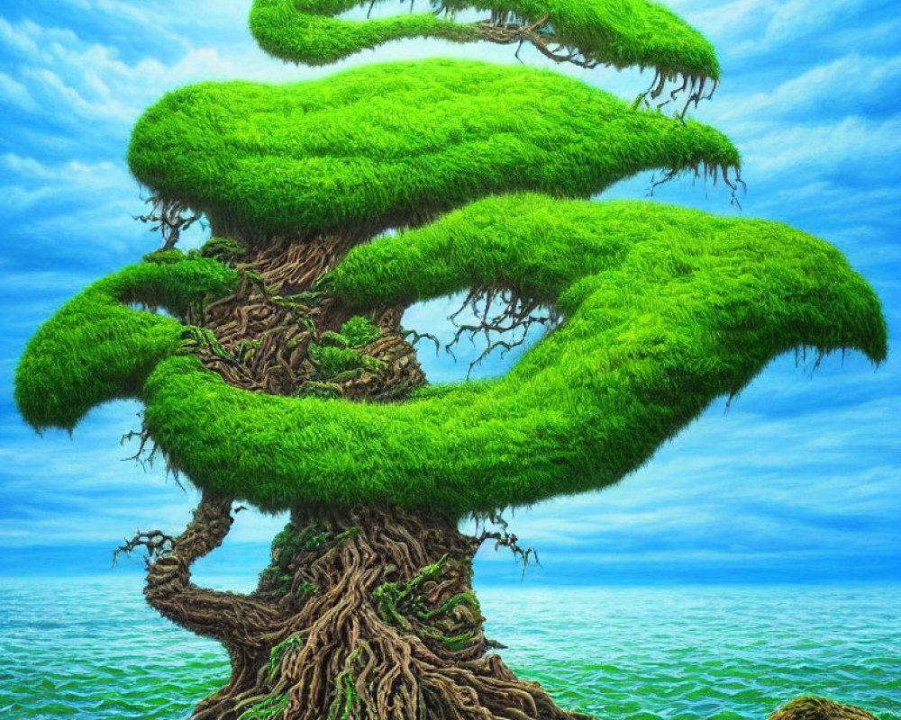 Surreal painting: twisted tree with spiral branches by tranquil sea