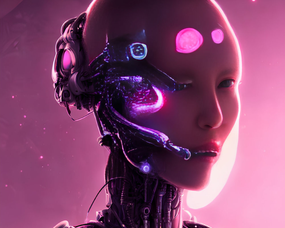 Detailed Close-Up of Cyborg with Human-Like Face and Pink Glowing Mechanical Elements