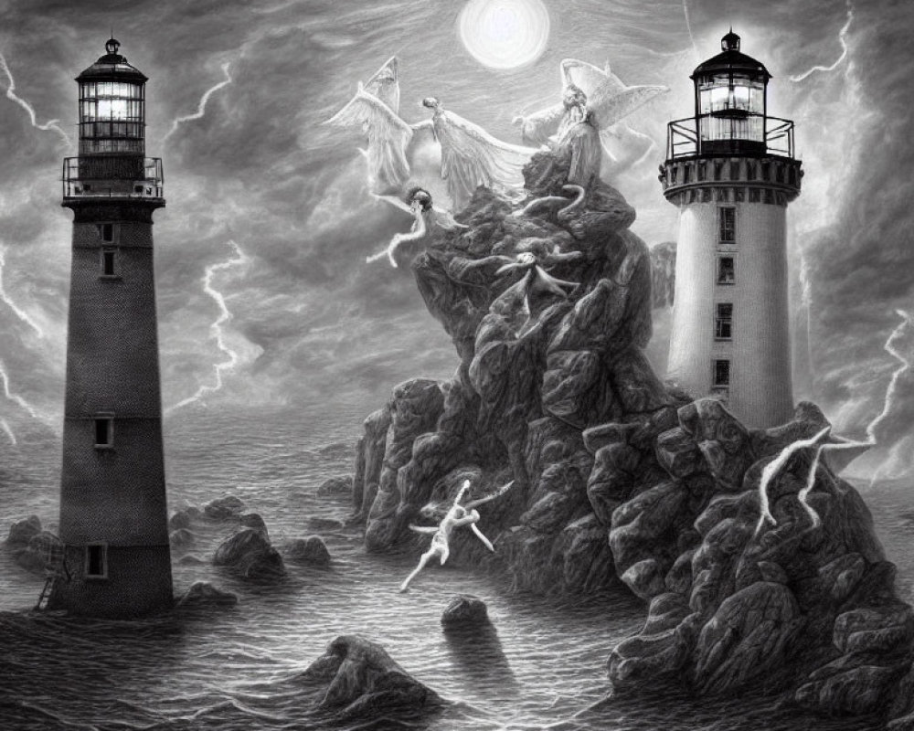 Monochrome art of ethereal beings near lighthouses on rocky outcrops