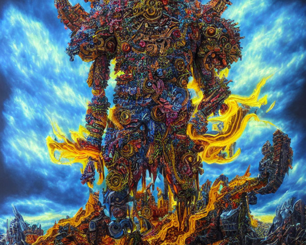 Colorful surreal painting of multi-limbed entity in fiery landscape