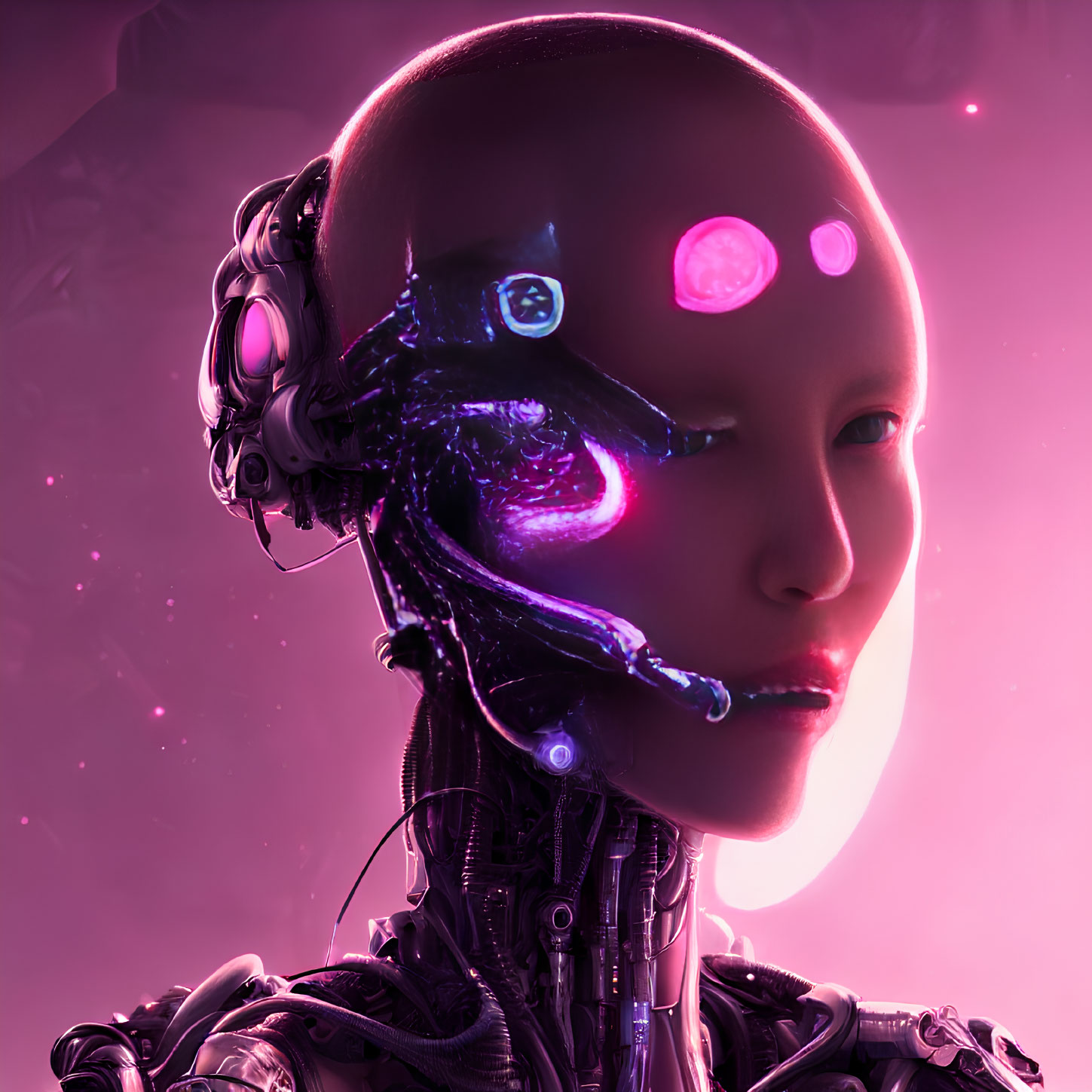 Detailed Close-Up of Cyborg with Human-Like Face and Pink Glowing Mechanical Elements
