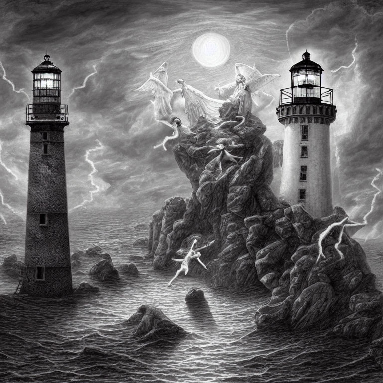 Monochrome art of ethereal beings near lighthouses on rocky outcrops