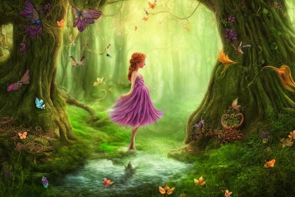 Colorful Artwork: Woman in Purple Dress in Enchanted Forest with Butterflies