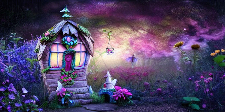 Whimsical fairy house in magical garden with vibrant flowers and butterflies