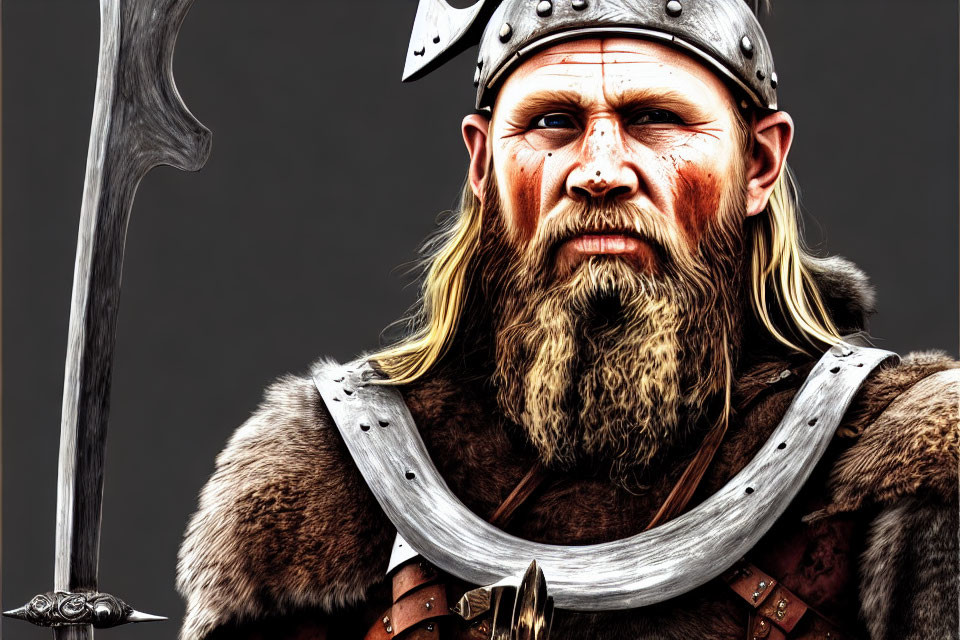 Digital artwork of Viking warrior with beard, helmet, fur armor, spear on grey backdrop