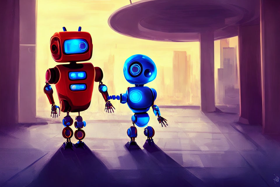 Colorful humanoid robots holding hands in warmly lit room
