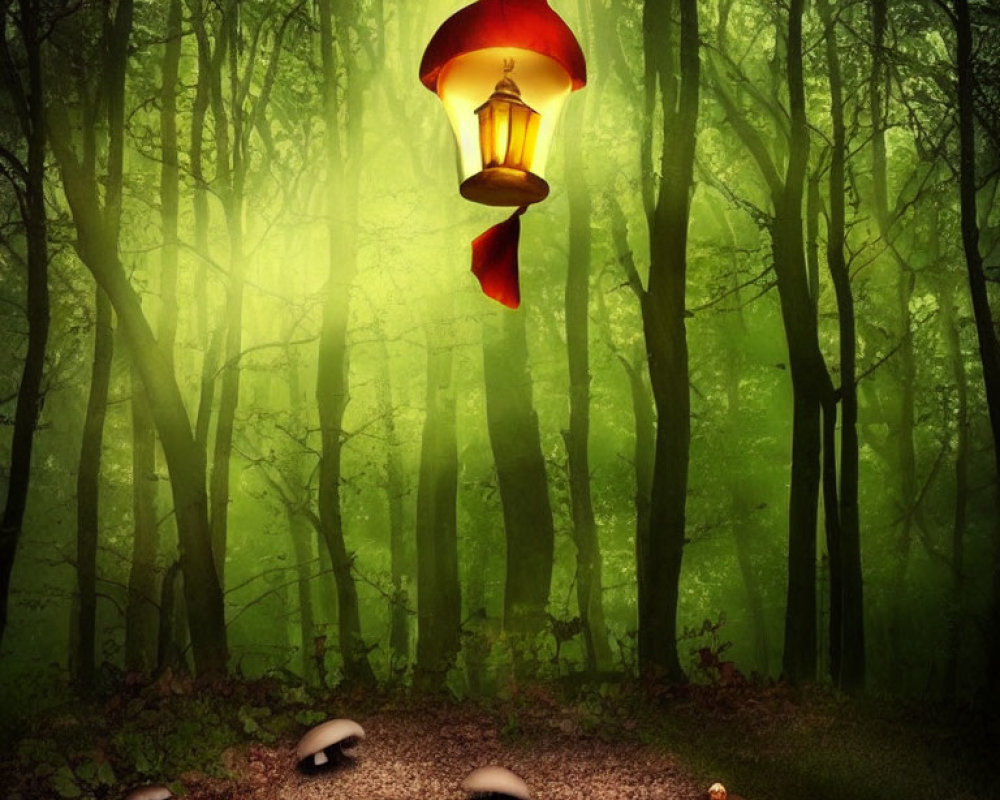 Red-capped lantern illuminates mystical forest floor in green fog