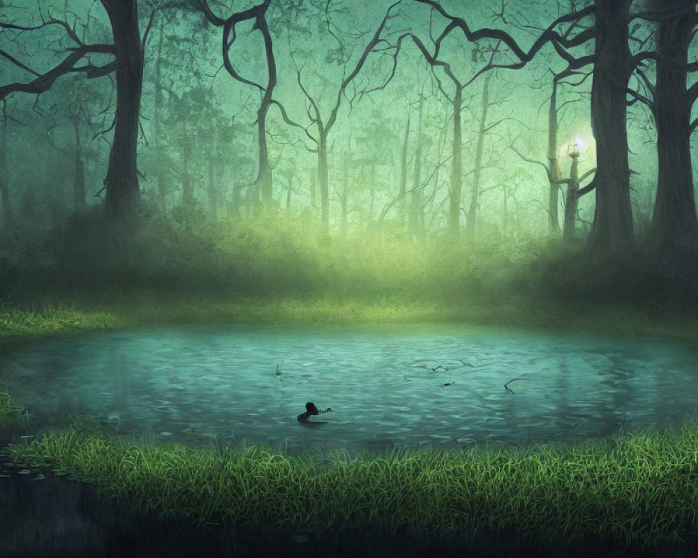 Tranquil pond scene with duck, forest, and lamppost