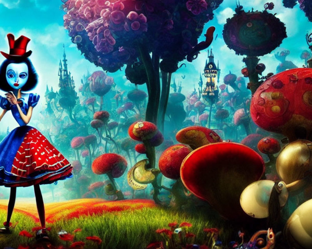 Stylized animated female character in blue face and red dress in whimsical mushroom forest