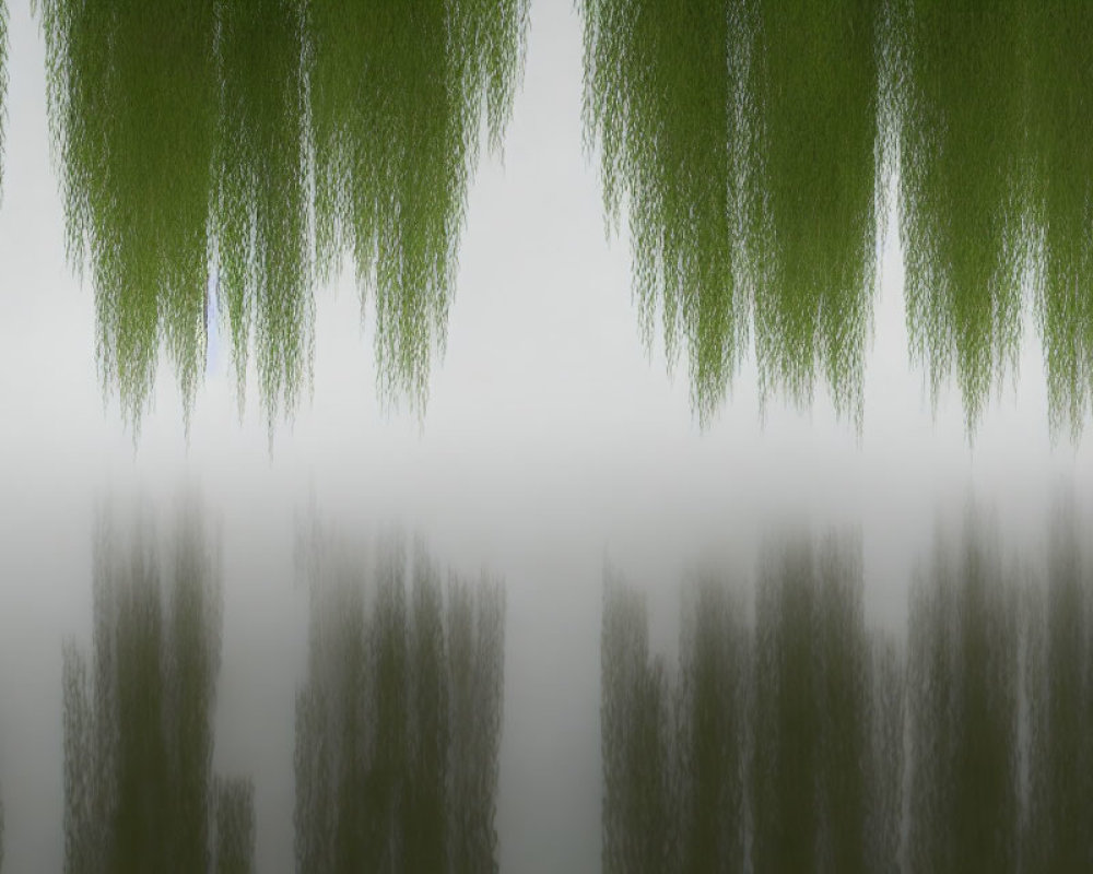 Tranquil landscape: Weeping willows reflected on calm water surface in misty ambiance