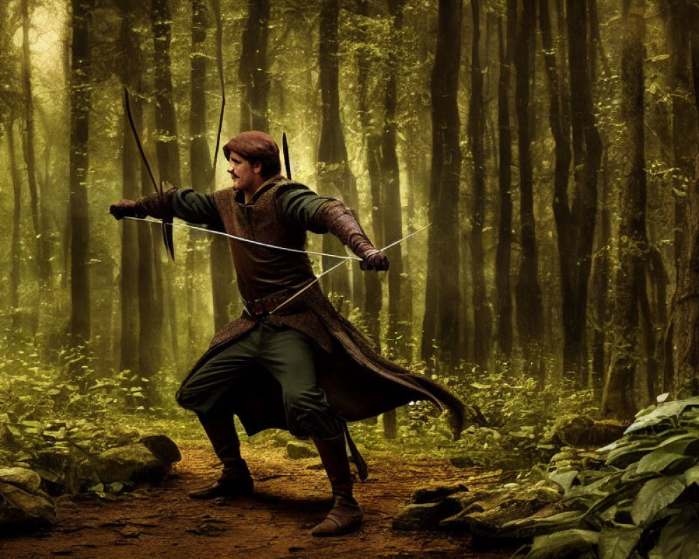Medieval archer in forest with sunbeams