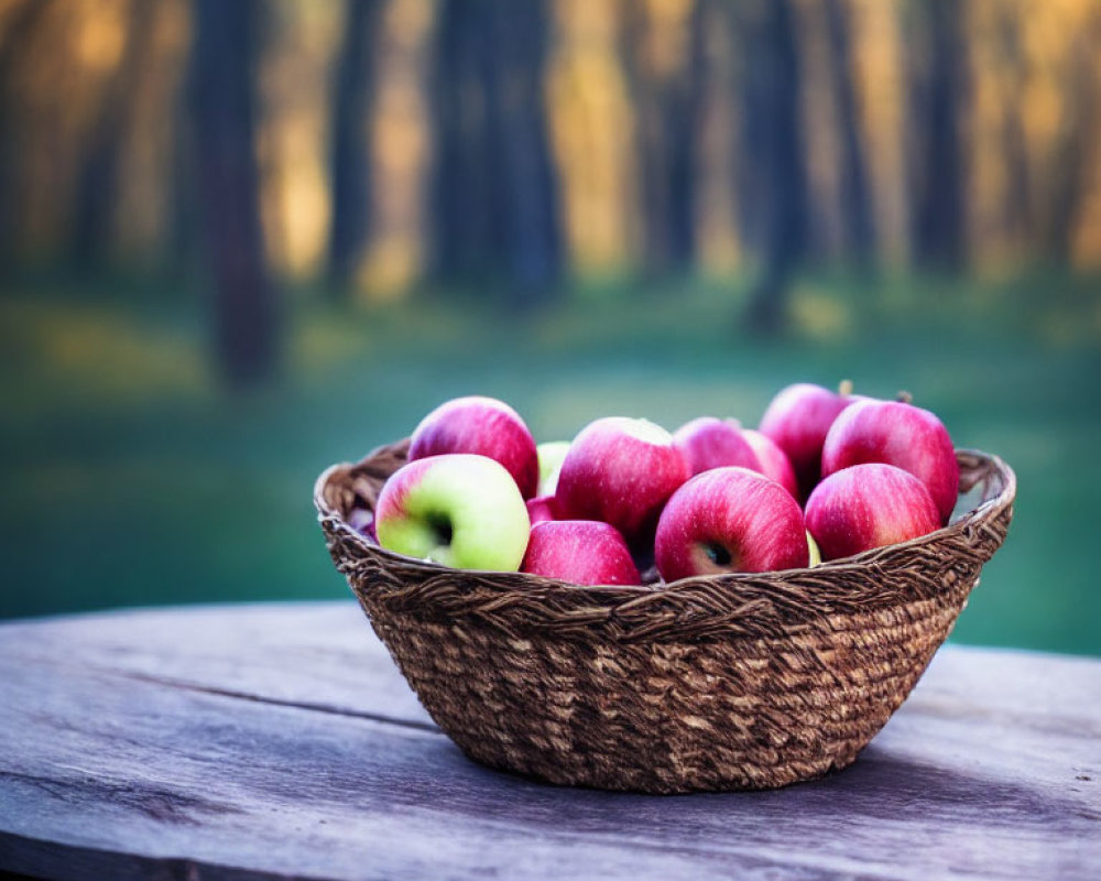 Basket with Red and Green Apple on Wooden Surface in Forest Setting