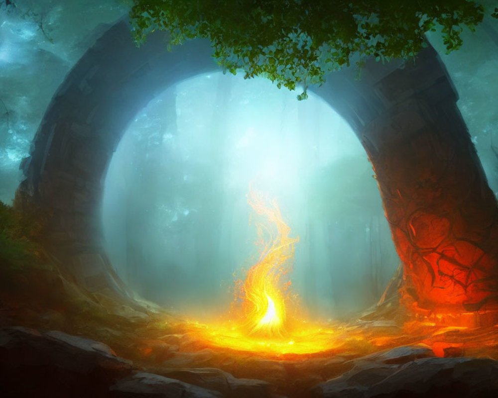 Mystical forest clearing with fiery phoenix rebirth in ancient ruins