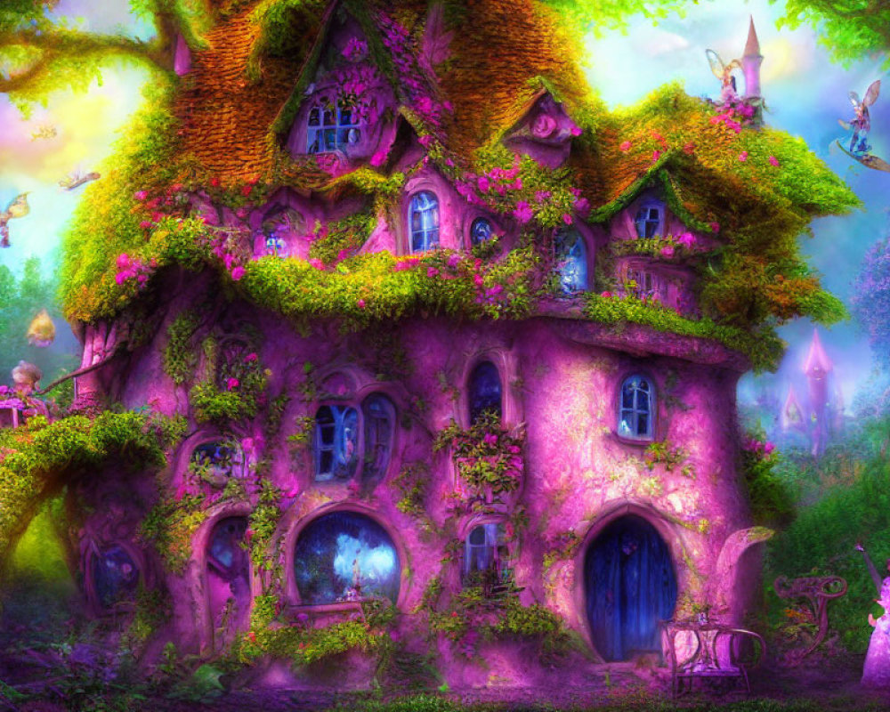 Pink and Green Fairy Tale Cottage Surrounded by Fairies in Magical Forest