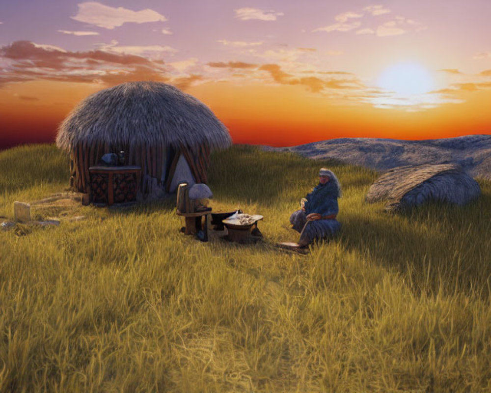 Rural sunset scene with two people near thatched huts