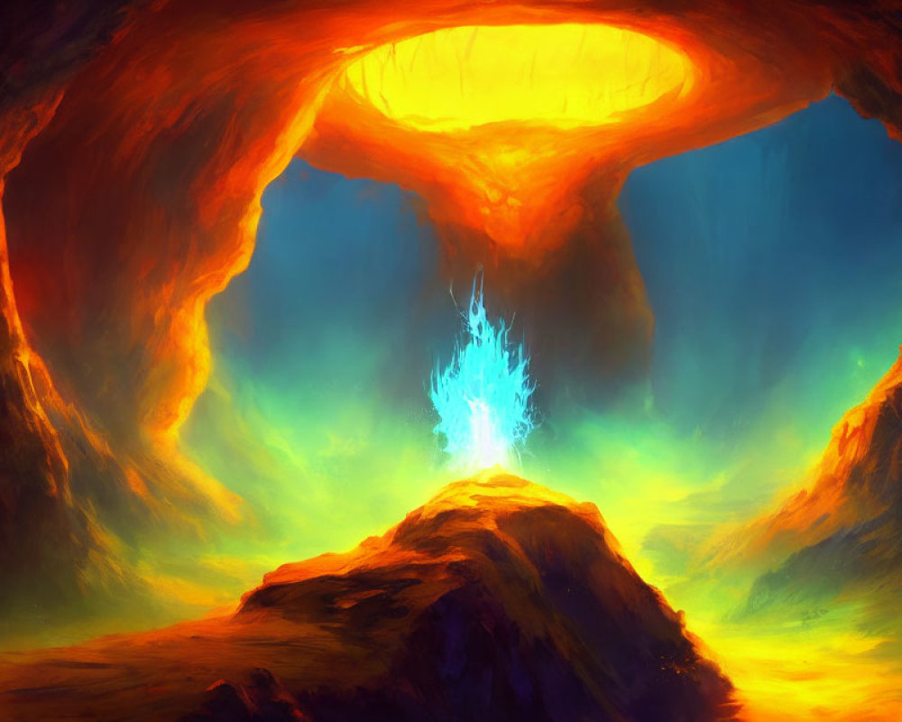Colorful Fantasy Landscape with Fiery Cave Ceiling and Blue Energy Formation