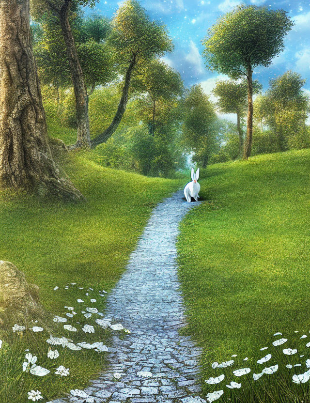 Tranquil landscape with cobblestone path, meadow, trees, white flowers, and white