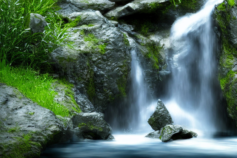 Tranquil waterfall amidst lush greenery