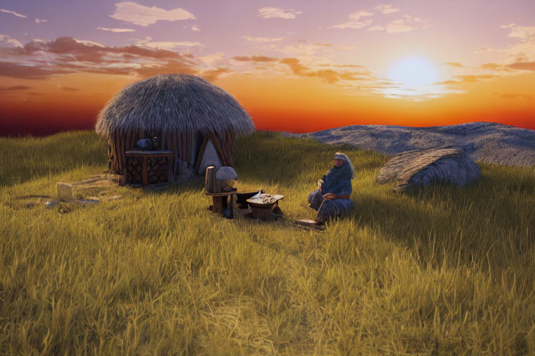 Rural sunset scene with two people near thatched huts