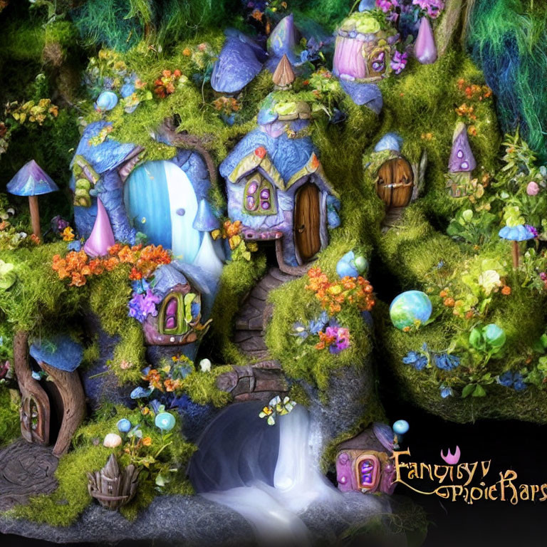 Colorful fairy village with mushroom houses and waterfall