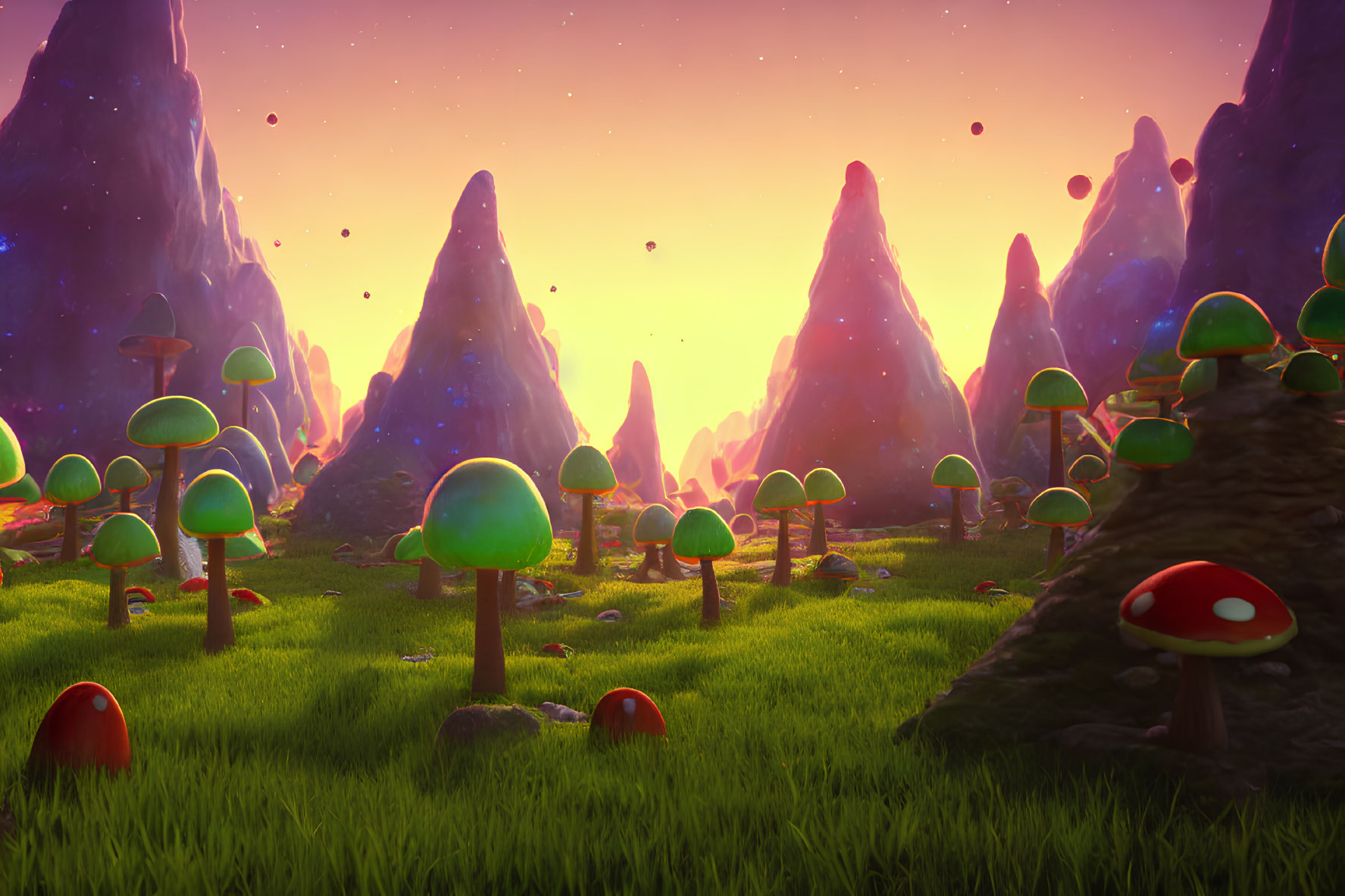 Colorful Mushroom and Towering Spires in Fantasy Landscape