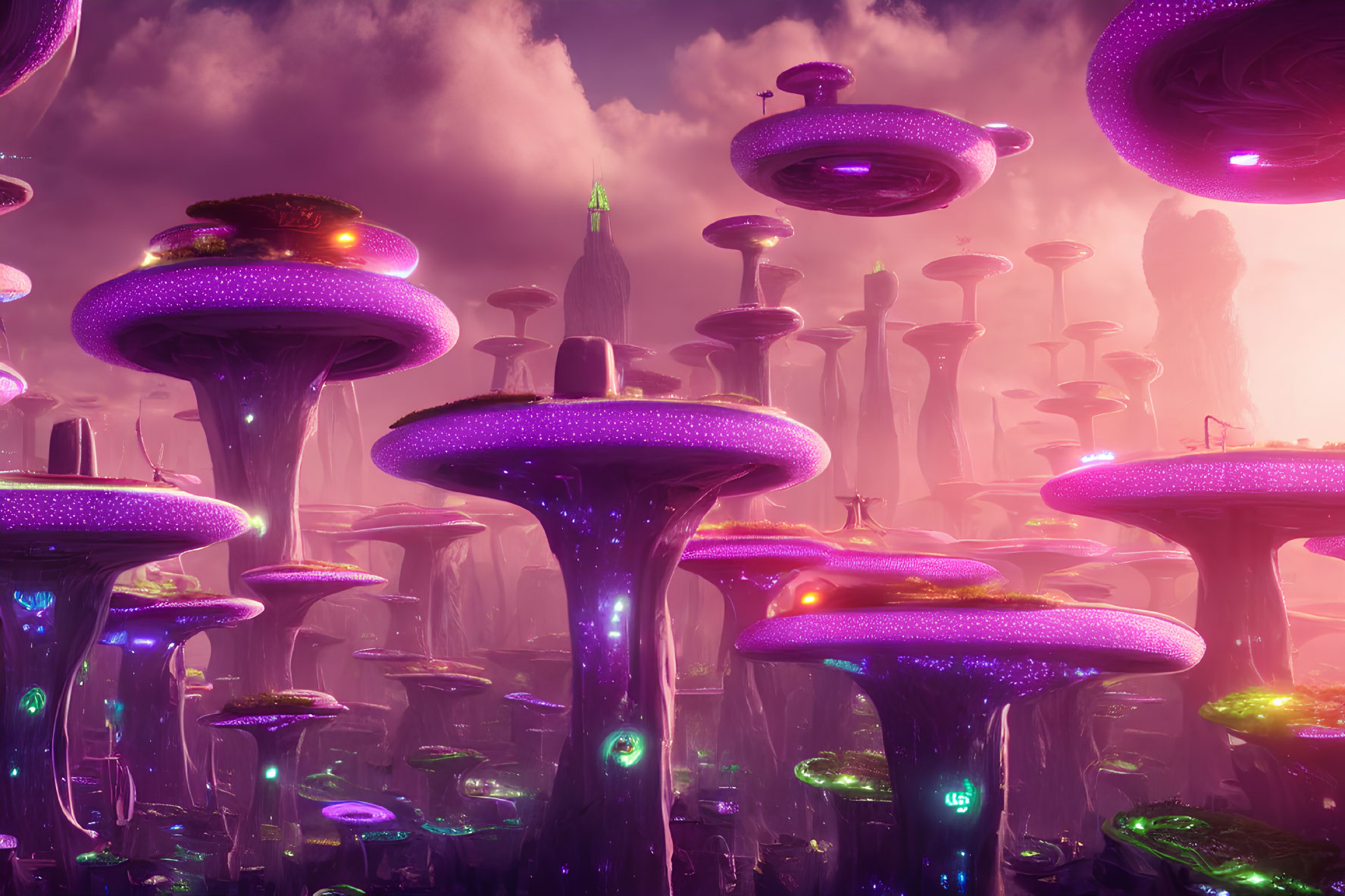 Alien cityscape with purple mushroom-like towers under pink sky