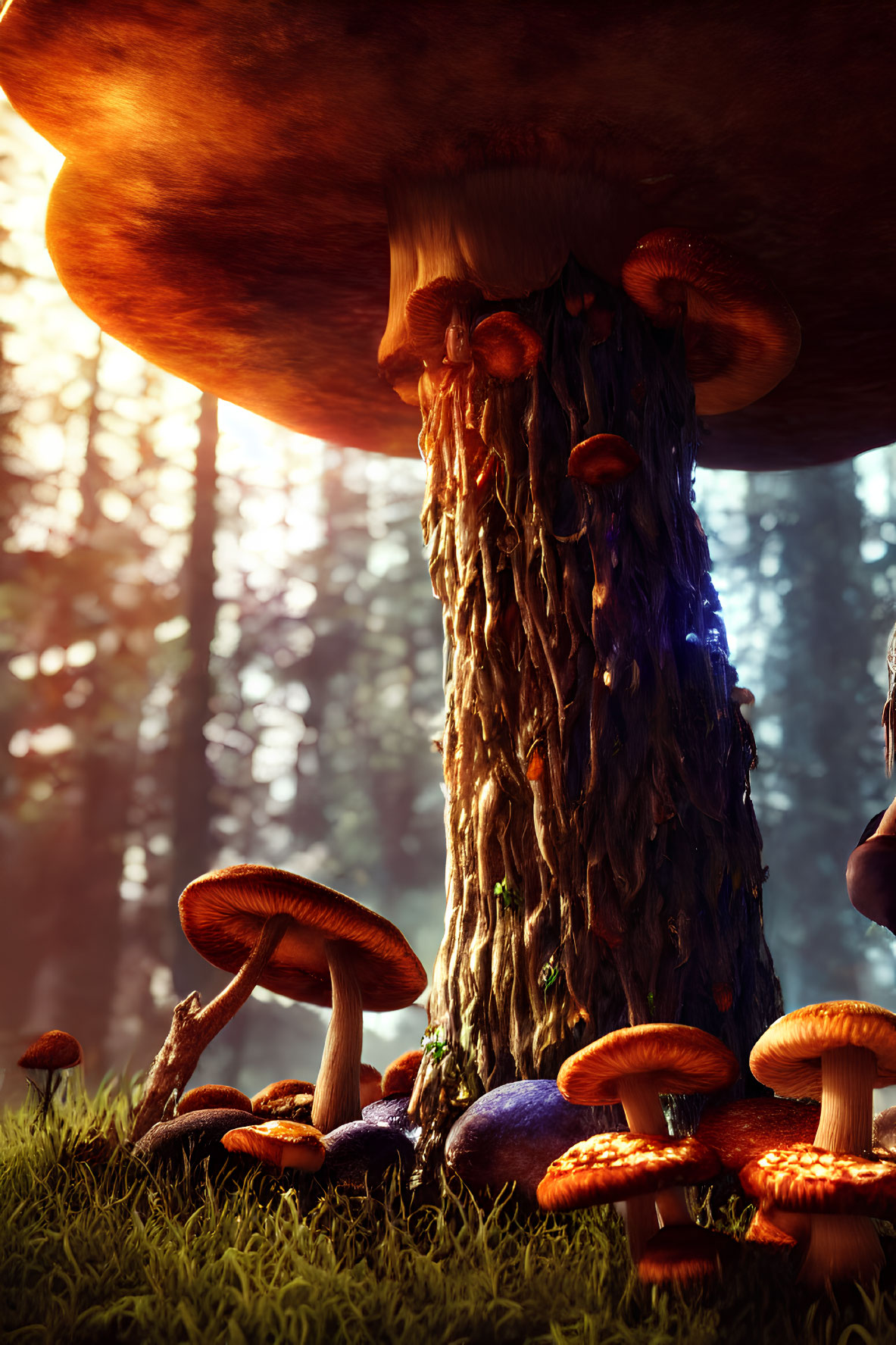 Enchanting forest scene with towering mushrooms and golden light