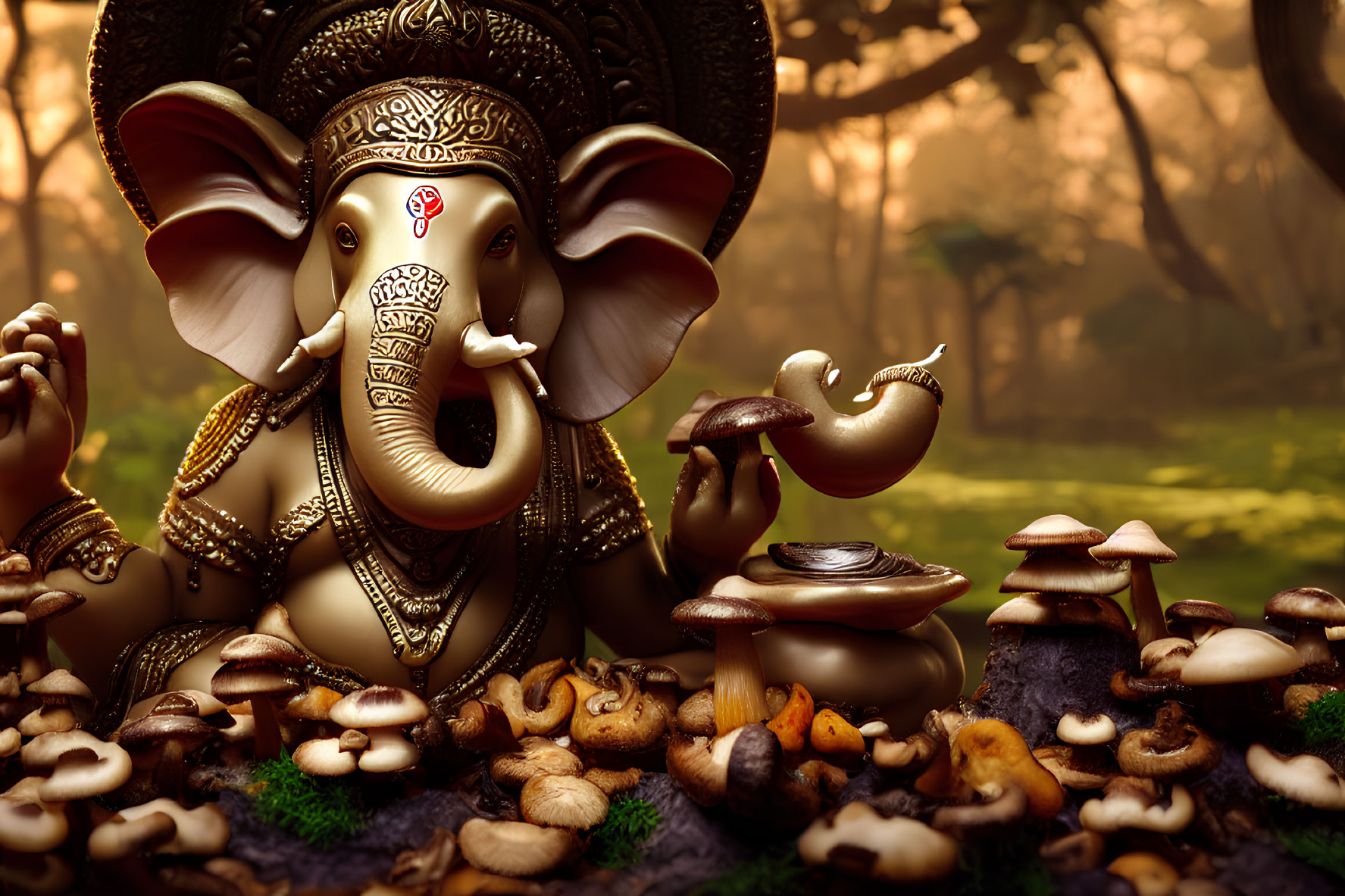 Detailed Ganesha statue with mushrooms in misty forest