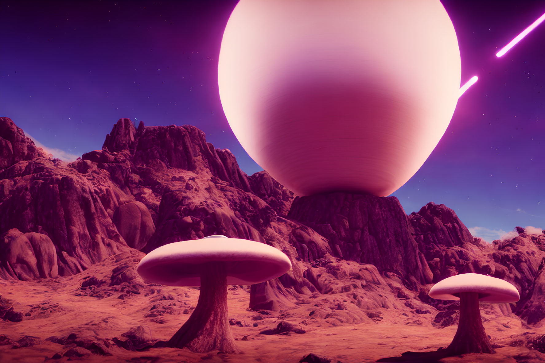 Surreal extraterrestrial landscape with pink planet, purple sky, and giant mushrooms