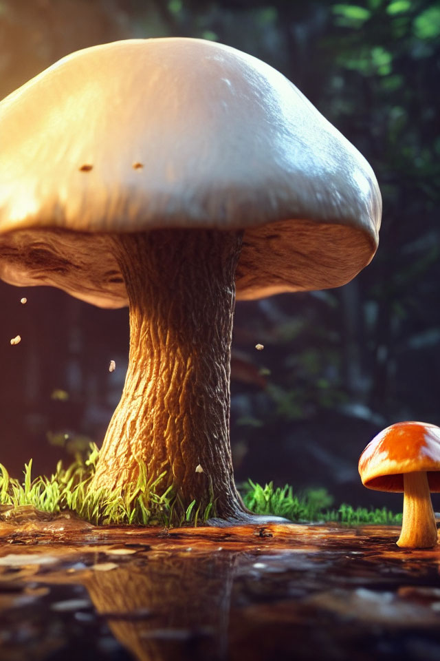 Close-up of two mushrooms in forest setting with warm sunlight filtering through trees